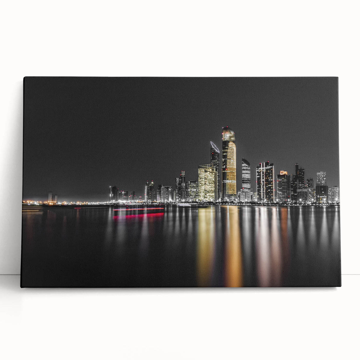 Black and white stretched canvas of Abu Dhabi skyline, ideal for kitchen wall art or bedroom ambiance.