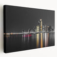 Panoramic view of Abu Dhabi skyline in muted earth tones on a large stretched canvas, suitable for kitchen wall art.