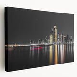 Panoramic view of Abu Dhabi skyline in muted earth tones on a large stretched canvas, suitable for kitchen wall art.