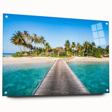 Acrylic print of a large abstract Fiji seascape in blue and turquoise tones, suitable for bedroom or dining room decor.