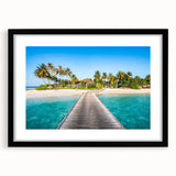 Abstract art print of vibrant oceanic hues on textured canvas, framed in black, ideal for living room decor.