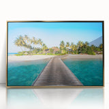 Large art print of a serene Fiji landscape in muted blue and green tones, framed in gold acrylic.