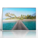 Art deco poster of a serene Fiji landscape in soft pastel colors, framed in white acrylic, suitable for nursery wall art.