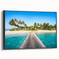 Black and white framed canvas depicting a serene Fiji landscape, ideal for bedroom wall art.