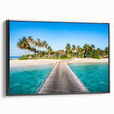 Black and white framed canvas depicting a serene Fiji landscape, ideal for bedroom wall art.