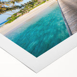 Art deco poster featuring an oceanic Fiji scenery in muted blue and green tones on rolled canvas.