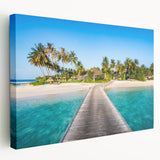 Side view of a stretched canvas depicting a serene Fiji beach scene with soft blue and sandy tones.