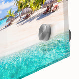 Large abstract acrylic print of Bora Bora's oceanic scenery in cool blues, ideal for dining room art.