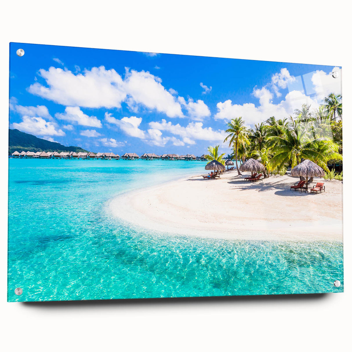 Acrylic glass print of Bora Bora scenery with vivid blue ocean and lush green islands.