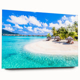 Large abstract wall art of Bora Bora's oceanic scenery in muted blue and green tones on acrylic glass.