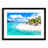 Extra large, colorful abstract art print of a stylized French Polynesian scenery on textured canvas, framed in black.