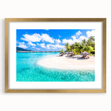 Extra large abstract art print of Bora Bora scenery in textured style with vibrant blue and green hues, framed in gold.