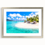 Textured art print of abstract oceanic scenery in calming blue and green hues, framed in silver, ideal for bedroom decor.