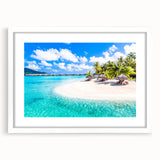 Abstract art print of Bora Bora's scenery in muted blue and green tones on a framed white mat, ideal for dining room decor.