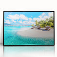 Large abstract wall art of Bora Bora's ocean scenery in muted blue and green tones, framed in black acrylic.