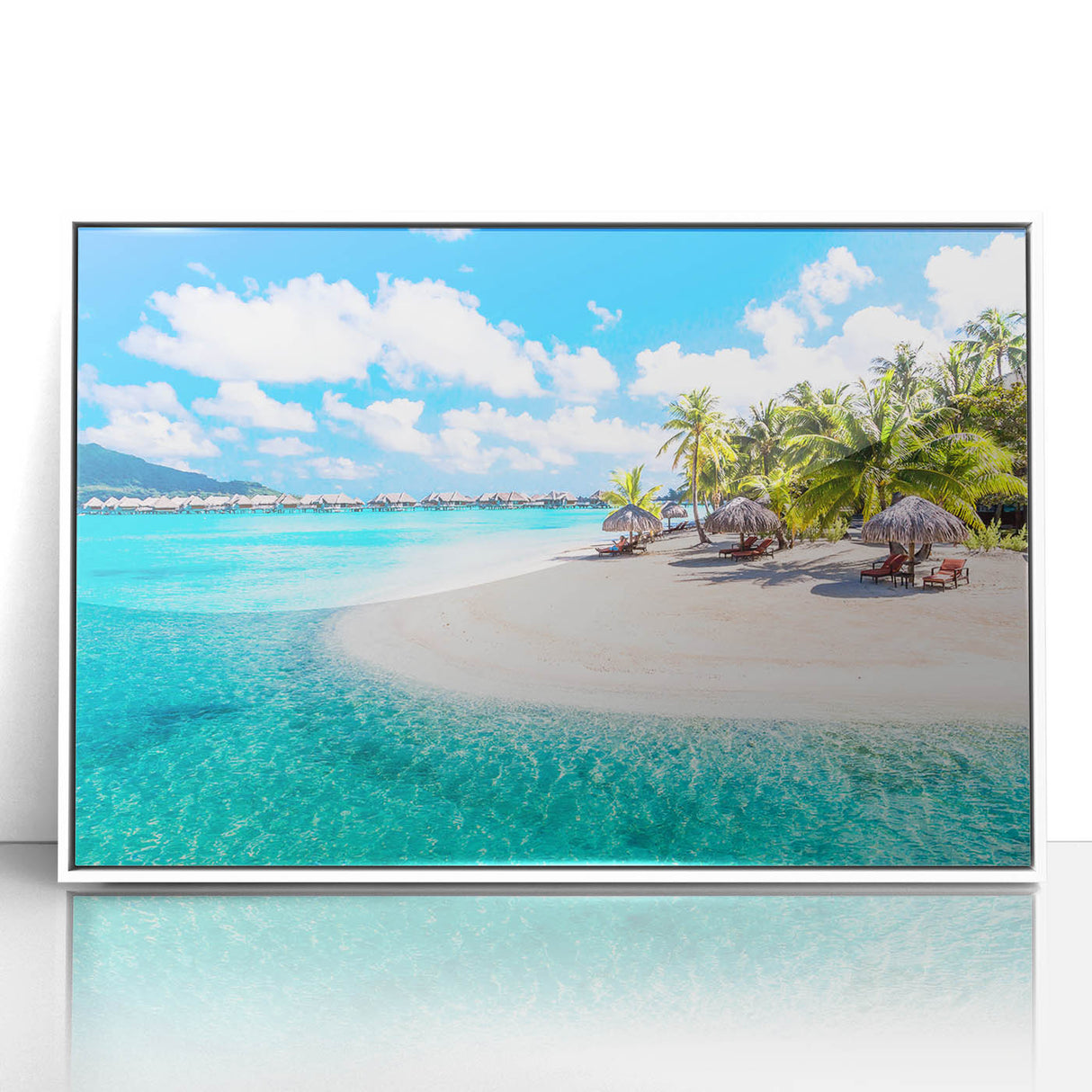 Art deco poster of Bora Bora with pastel blue and pink shades, framed in white acrylic, suitable for modern nursery decor.