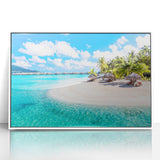 Art deco poster of Bora Bora with pastel blue and pink shades, framed in white acrylic, suitable for modern nursery decor.