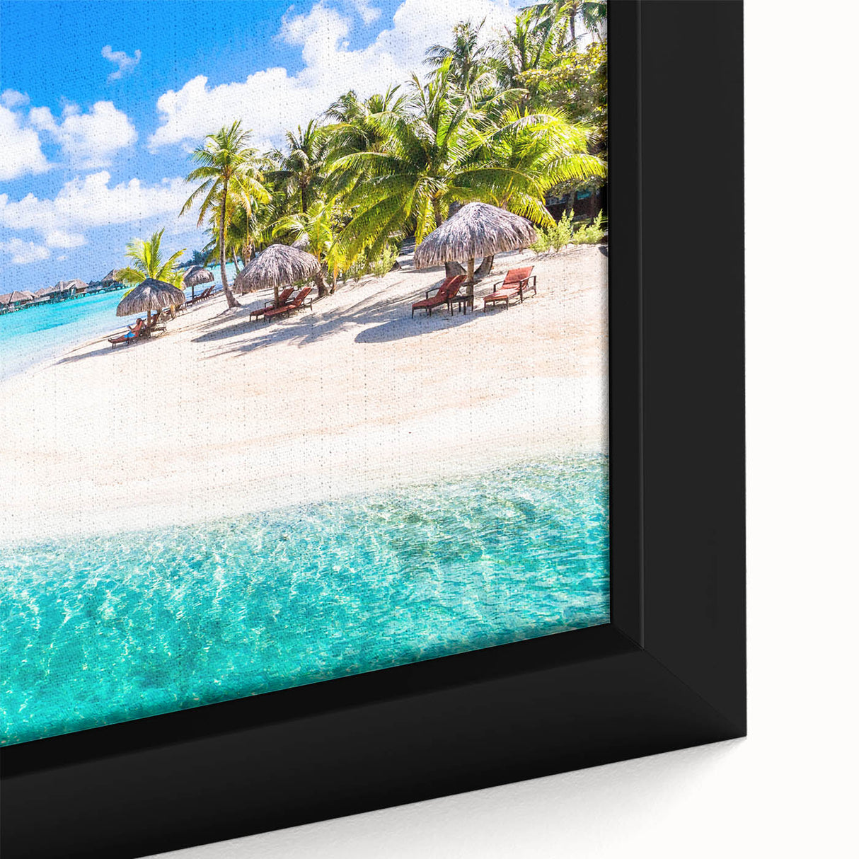 Black wall art featuring a textured depiction of Bora Bora's oceanic scenery in vibrant colors on a framed canvas.