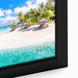 Black wall art featuring a textured depiction of Bora Bora's oceanic scenery in vibrant colors on a framed canvas.