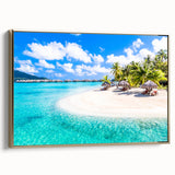 Framed canvas of a vintage-style landscape painting depicting Bora Bora, with muted blue and green tones.