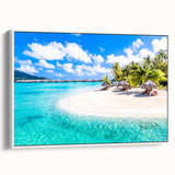 Vintage poster art of a French Polynesian scenery on framed canvas, featuring a black and colorful palette.