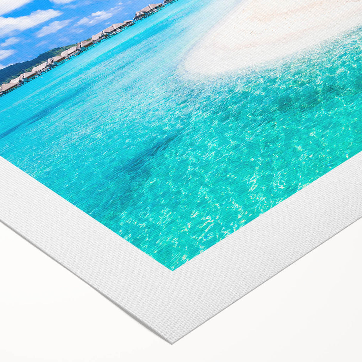 Art deco poster of French Polynesia's Bora Bora scenery on rolled canvas, featuring serene blue and green hues.
