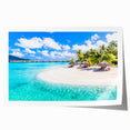 Extra large rolled print of Bora Bora scenery with vivid blue ocean and lush green islands, ideal for dining room wall art.