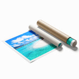 Extra large rolled print of a serene Bora Bora landscape with vibrant blue waters and lush greenery.