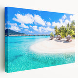 Large art print of Bora Bora scenery on stretched canvas, featuring vivid blue ocean tones, ideal for kitchen wall art.