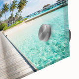 Large abstract wall art of Tahiti's coastline in muted blue and green tones on acrylic glass, ideal for dining room art.