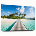 Acrylic print of a Tahitian landscape with vivid blue ocean and lush greenery, ideal for bedroom or dining room decor.