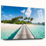 Acrylic print of a Tahitian landscape with vivid blue ocean and lush greenery, ideal for bedroom or dining room decor.