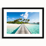 Extra large colorful abstract art print of a vibrant Tahitian landscape on textured canvas, framed in black.