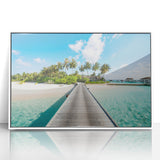 Art Deco poster of Tahiti scenery in soft pastel hues on a white framed acrylic, suitable for modern nursery wall decor.