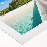 Art deco poster of a tranquil Tahitian landscape with soft blue and green tones on rolled canvas.