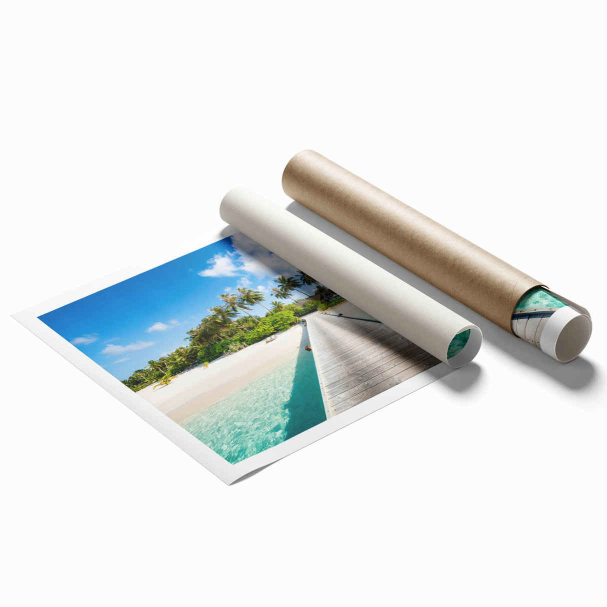 Extra large rolled print of Tahitian scenery with vibrant floral elements, ideal for classy bathroom wall art.