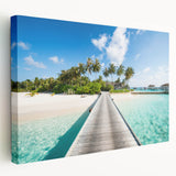 Large stretched canvas depicting a serene Tahiti landscape in soft blue and green tones, suitable for kitchen wall art.
