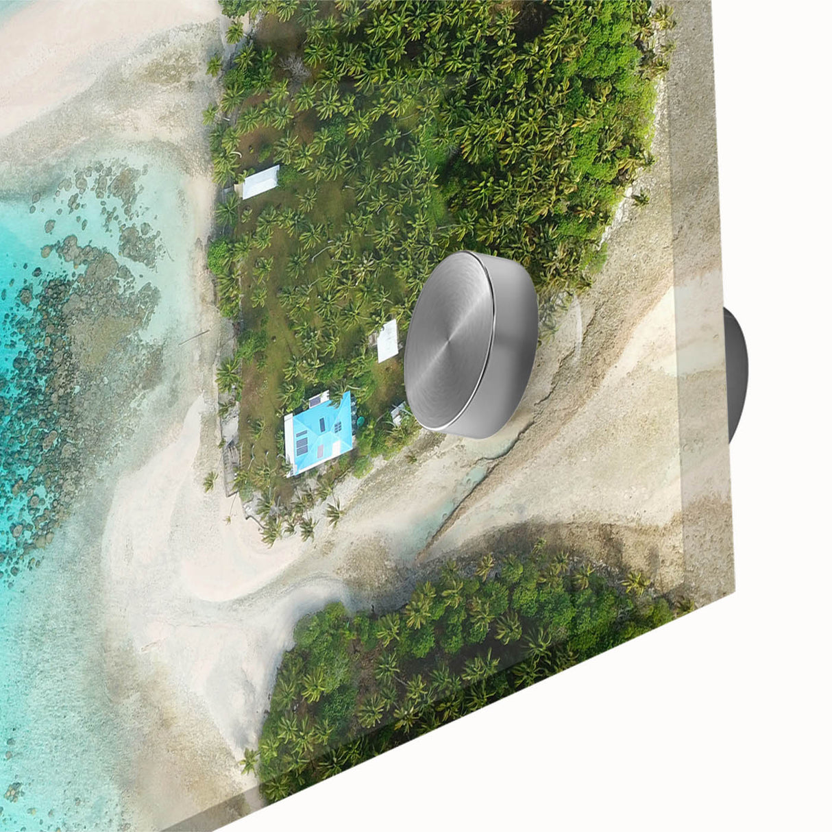 Large abstract wall art depicting a Micronesian scenery in mid-century modernist style on acrylic glass.