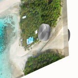 Large abstract wall art depicting a Micronesian scenery in mid-century modernist style on acrylic glass.