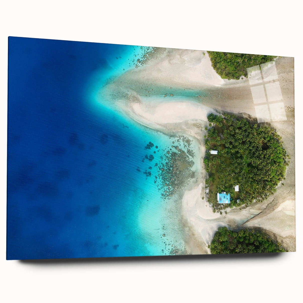 Large abstract oceanic acrylic print in cool blue shades, suitable for bedroom or dining room decor.