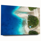 Large abstract oceanic acrylic print in cool blue shades, suitable for bedroom or dining room decor.