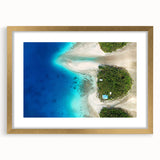 Extra large abstract art print of a textured oceanic scene in muted blue and green tones, framed with a gold mat.