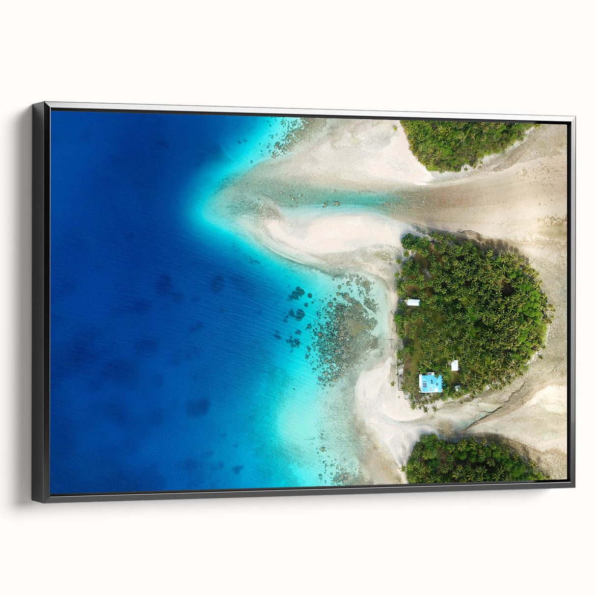 Black and white framed canvas of a Micronesian landscape, ideal for bedroom wall art.