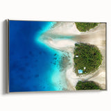 Vintage poster art of Oceania scenery in colorful hues on a silver-framed canvas, ideal for living room decor.