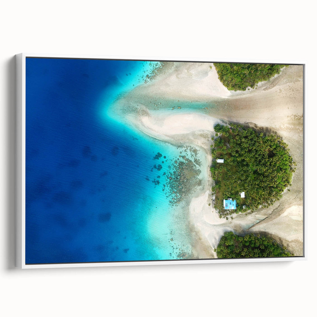 Landscape art painting of a Micronesian scenery on a framed canvas, featuring vibrant colors and vintage poster style.