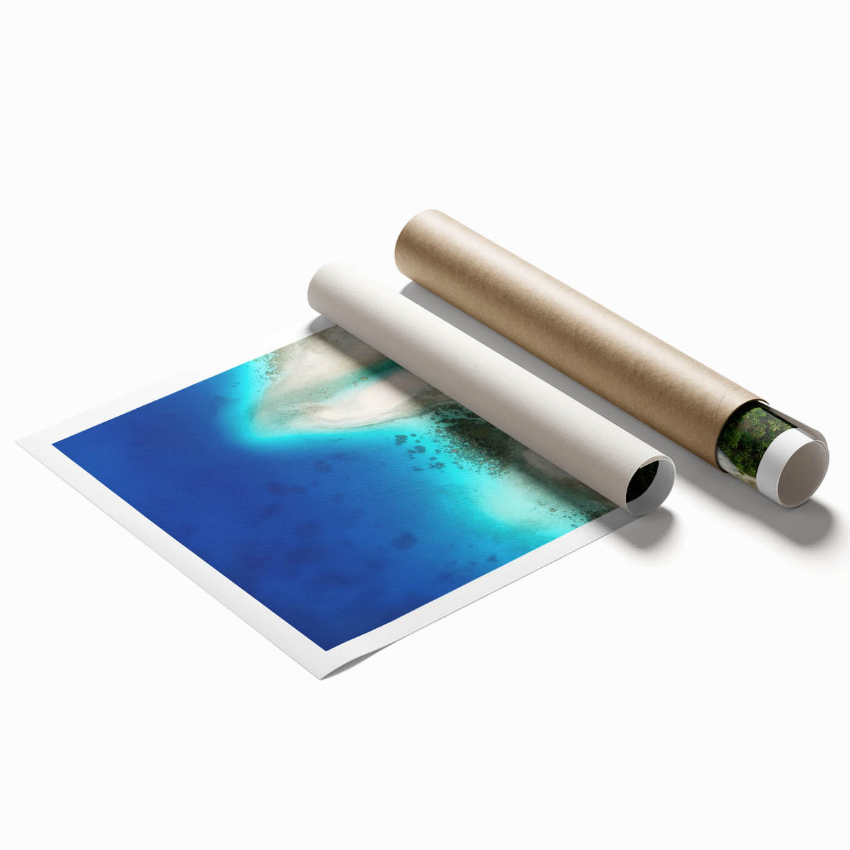 Extra large rolled print of a Micronesian seascape with vibrant blue ocean and floral accents.