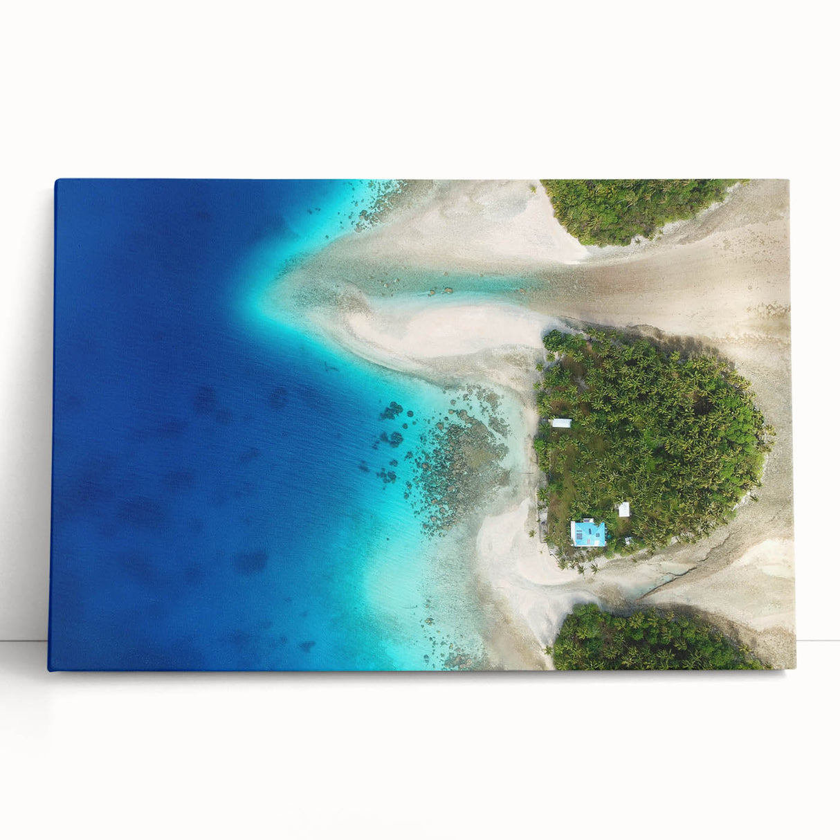 Large black and white photo of Micronesian coastline on stretched canvas, ideal for kitchen wall art or bedroom ambiance.