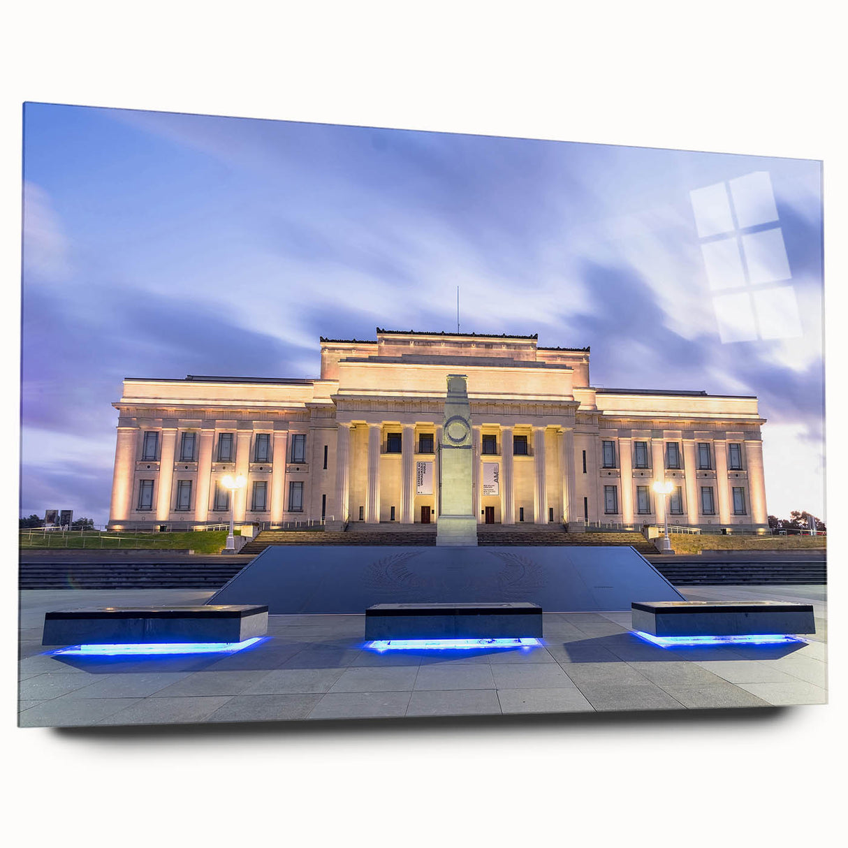 Acrylic print of Auckland skyline in muted blue and gray tones, suited for bedroom or dining room decor.