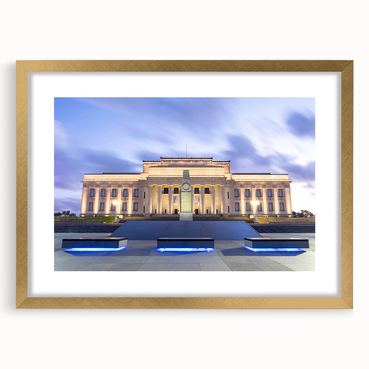 Extra large abstract art print of Auckland skyline in textured gold frame, ideal for living room decor.