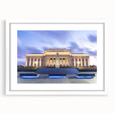 Abstract art print of Auckland skyline in muted blue and gray tones on a white framed canvas, ideal for dining room decor.